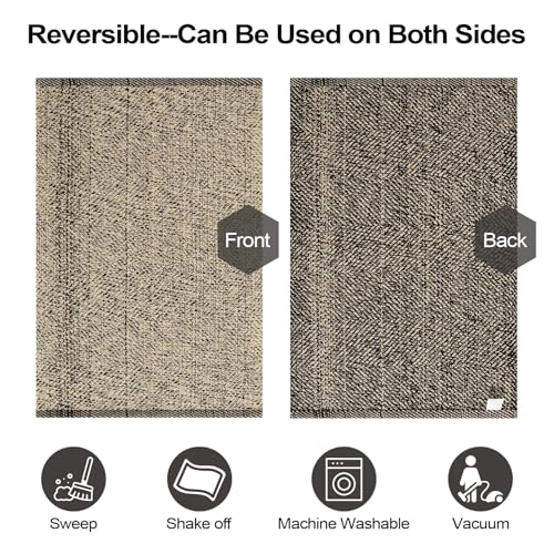 LEEVAN Washable Runner Rug 2'x6', Natural Woven Hallway Runner Rug Reversible Bathroom Runners Rugs, Cotton Low Profile Entryway Rugs, Farmhouse Bedroom Modern Kitchen Runenrs Carpet - color: Natural/Black, size: 2' x 6' (Rectangular)