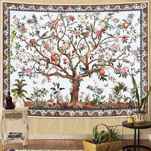 Faxdong Boho Tree of LIfe Tapestry, Vintage Flower Leaves Birds Plant Animal Pattern Tapestries, Retro Indian Bohemian Aesthetic Wall Hanging White 44×60 inch - color: White, size: 60"L x 44"W