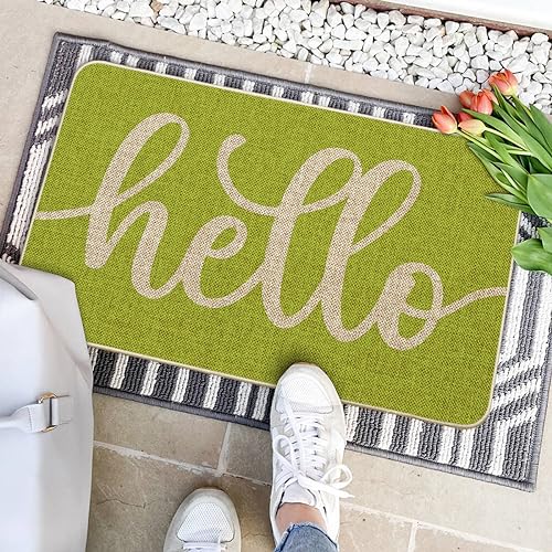 Artoid Mode Green Hello Spring Doormat, Summer Home Decor Low-Profile Switch Rug Door Mat Floor Mat for Indoor Outdoor 17x29 Inch - color: Green, size: 17" x 29"
