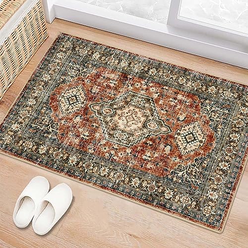 Lahome Oriental Washable Small Area Rug, 2x3 Rugs for Entryway Kitchen, Ultra-Thin Soft Indoor Door Mat Non Slip Throw Carpet for Bedroom Bathroom Eleanor, Brick Red - color: Brick Red, size: 2' x 3' (Rectangular)