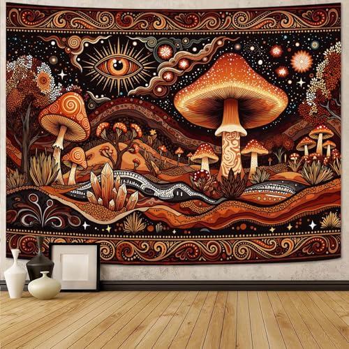 Accnicc Hippie Mushroom Tapestry Orange Red Abstract Mountain Wall Tapestry for Bedroom Aesthetic Bohemian Art Vintage Star Eye Small Tapestries Wall Hanging for Dorm Living Room Decor 60 × 44 Inch - color: Orange, size: 60"L x 44"W