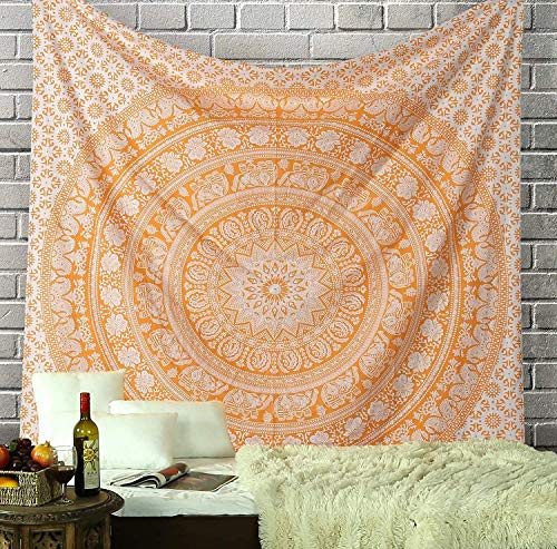 RAJRANG Elephant Mandala Tapestry Cotton Wall Hanging Hippy Tapestries Hippie Beach Throw College Dorm Decor Bohemian Boho Bedsheet - Orange - Queen - 90x84 inches - color: Buff orange, size: 90"L x 84"W