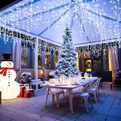 Icicle lights Outdoor - 33ft Christmas Lights with 400LED 75 Drops 8 Modes, Plug in Curtain String Lights Waterproof for Holiday Wedding Party Home Garden Bedroom Indoor Outdoor Decoration, Cool White - color: Cool White, size: 400LED/33ft