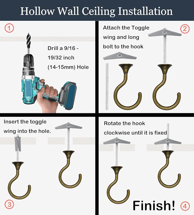 4 Sets Heavy Duty Swag Ceiling Hooks with Hardware for Hanging Plants, Cavity Wall Fixing, Easy Installation, Holds Up to 30lbs, Ideal for Home & Garden (4 Sets, Antique Brass)