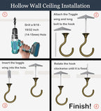 4 Sets Heavy Duty Swag Ceiling Hooks with Hardware for Hanging Plants, Cavity Wall Fixing, Easy Installation, Holds Up to 30lbs, Ideal for Home & Garden (4 Sets, Antique Brass)