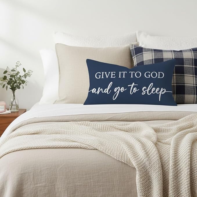 Decorative Throw Pillow Covers 12x20 Inch Set of 2 – Blue Christian Lumbar Pillowcase – Give It to God and Go to Sleep/Relax God’s Got This – Faith Bedroom Bed Decor