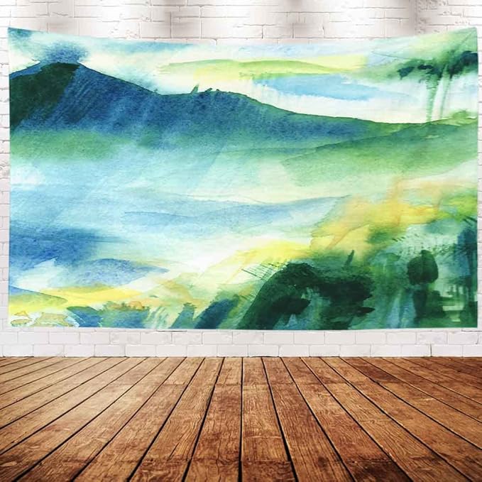 EMMTEEY Abstract Colorful Mountain Landscape Watercolor Painting Tapestry - Outdoor Nature Rain Forest Green Wall Art 92.5x70.9 - Present for Friends and Families