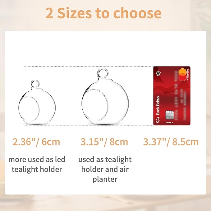 Nuptio 8 Pcs 3.15"/ 8cm Hanging Glass Tealight Holder Globe Plant Terrariums Glass Orbs Air Plants Tea Light Candle Holders Home Decor Indoor Outdoor Garden (6 Pcs + 2 Pcs)