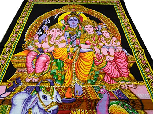 Lord Shiva Family Batik Cotton Wall Hanging Yoga Painting : Size 43"x30" Inches - color: Shva Family