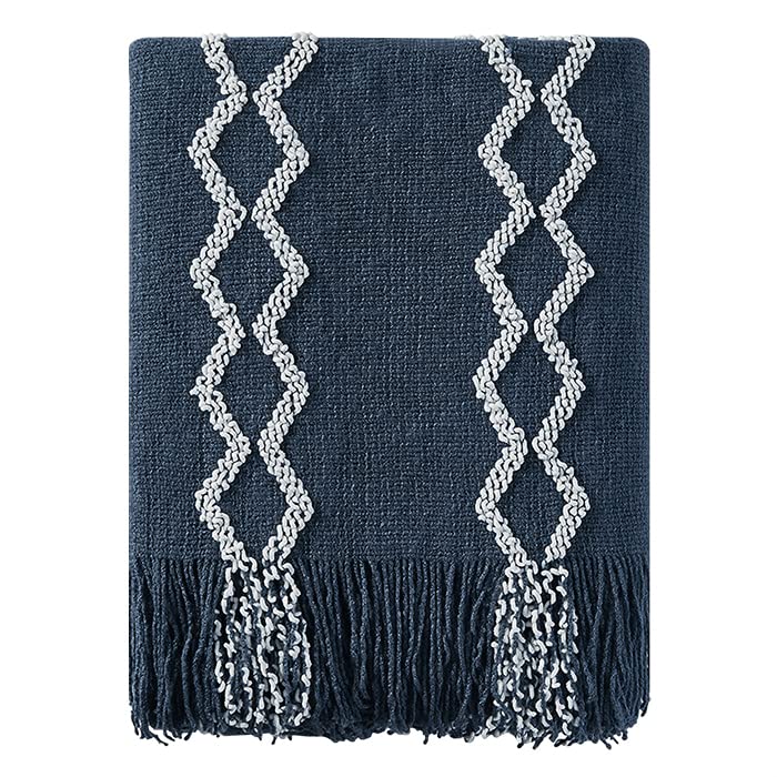 BOURINA Fluffy Chenille Knitted Fringe Throw Blanket Lightweight Soft Cozy for Bed Sofa Chair Throw Blankets, Navy 50" x 60" - color: A-navy, size: 50"×60"