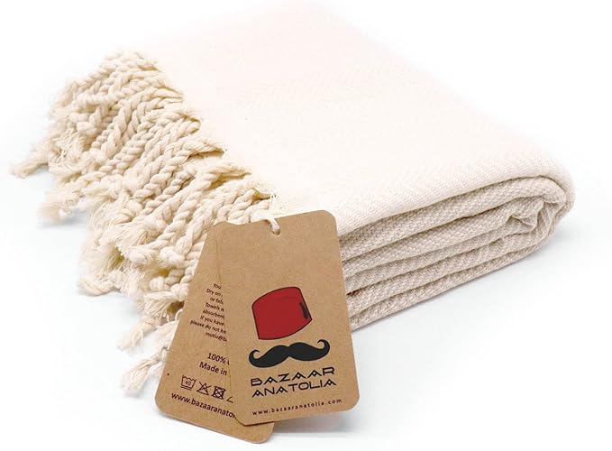 Bazaar Anatolia Turkish Beach Towel 100% Cotton Bath Towels 71x39 Quick Dry Sand Free Lightweight Large Oversized Herringbone Beige