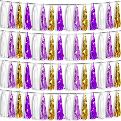 4P Purple-Gold Foil Fringe Metallic Tassel Garland, Tassels Banner Streamers for Parade Floats, Bachelorette, Wedding, Birthday, Halloween, Christmas, Bridal/Baby Shower Party Decorations - color: White Light Purple Purple Gold