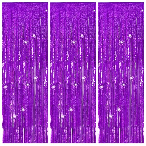 3 Pack Purple Backdrop Tinsel Streamers Foil Fringe Backdrop Halloween Party Decorations Purple Backdrop Curtain Birthday Graduation Bachelorette Christmas New Year Party Decorations - color: Purple