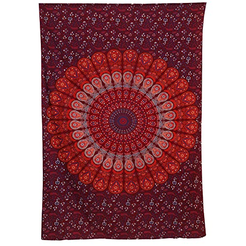 Bless International Handmade Indian hippie Bohemian Psychedelic Peacock Mandala Wall hanging College Dorm Beach Throws Table Cloth Bedding Tapestry (Blue Red, Twin(54x72Inches)(140x185cms)) - color: Blue Red, size: 72"L x 54"W