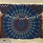 Bless International Handmade Indian hippie Bohemian Psychedelic Peacock Mandala Wall hanging College Dorm Beach Throws Table Cloth Bedding Tapestry (Blue Green, Queen(84x90Inches)(215x230Cms)) - color: Blue Green, size: 90"L x 84"W