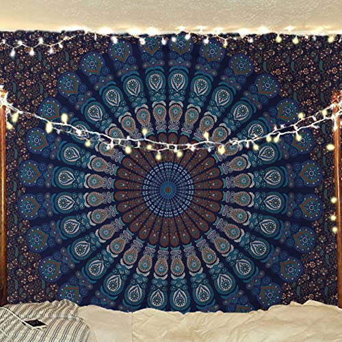 Bless International Handmade Indian hippie Bohemian Psychedelic Peacock Mandala Wall hanging College Dorm Beach Throws Table Cloth Bedding Tapestry (Blue Green, King(88x104Inches)(225x265Cms)) - color: Blue Green, size: 104"L x 88"W