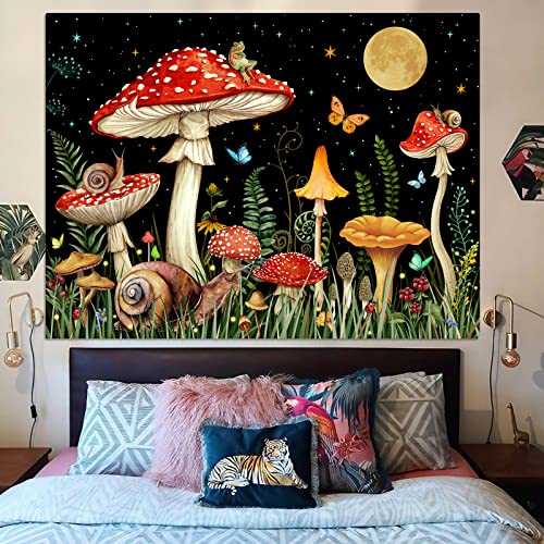 Zussun Red Mushroom Tapestry Moon Star Tapestries for Bedroom Aesthetic Starry Night Green Plant Tapastrys Wall Hanging Butterfly Snail Frog Wall Tapestry for Living Room Dorm (Black, 60" x 44") - color: Black, size: 60"L x 44"W