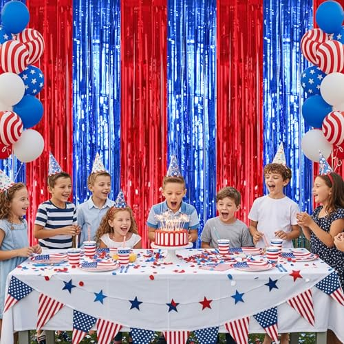 TONIFUL 2 Packs Red and Blue Carnival Foil Fringe Curtains 3.3 x 6.6 ft Metallic Tinsel Streamers Backdrop for Patriotic Celebration Baby Shower Circus Theme Birthdays Party Photo Booth Decorations - color: Red Blue