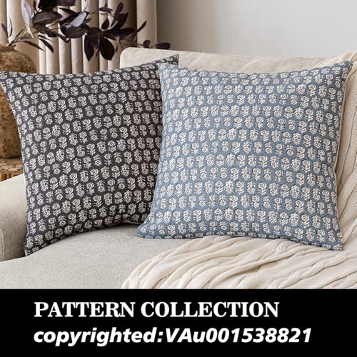 Foindtower Set of 2 Decorative Neutral Floral Print Throw Pillow Covers Vintage Accent Farmhouse Cushion Covers Boho Home Decor for Sofa Chair Couch Bedroom Living Room,18×18 Inch,Dusty Blue - color: Lake, size: 18" x 18" (Pack of 2)