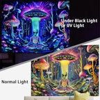Amonercvita Blacklight Alien UFO Tapestry Neon Mushroom Floral Tapestries UV Reactive Yoga Meditation Tapestry Fantasy Forest Tapestries Wall Hanging Backdrop for Home Decor - size: 70.8"L x 92.5"W