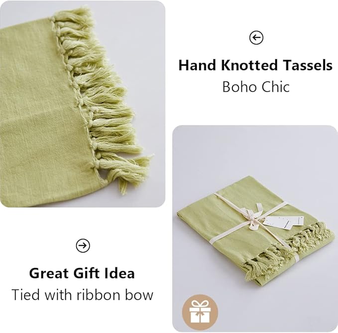 Simple&Opulence Boho Linen Throw Blanket for Bed, Couch, 50”x70” Pre-Washed Fringed Vintage Decorative Woven Blanket with Tassels, Breathable Durable Cozy Farmhouse Decor for All Seasons(Lime Green)