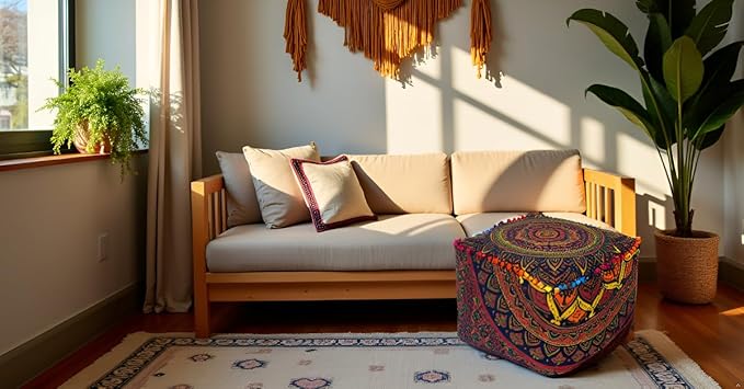 CRAFT KALA Square Mandala Floor Pillow Cushion Cover Seating Throw Cover Hippie Decorative Bohemian Ottoman Poufs Cover Pom Pillow Cases Cotton Living Room Home Décor 22X22X14 inches, New Blue Ombre