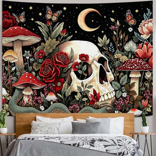 Haibimen Mushroom Skull Tapestry Wall Hanging Gothic Skeleton Floral Snake Moon Stars Tapestries for Bedroom Aesthetic Wallpaper Decor for Living Room, Dorm (Black 2, 48''×36'') - color: Black 2, size: 48''×36''