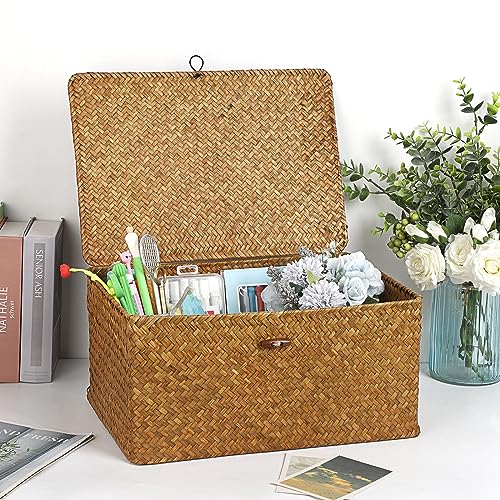 Hipiwe Wicker Shelf Baskets Bin with Lid, Handwoven Seagrass Basket Storage Bins Rectangular Household Basket Boxes for Shelf Wardrobe Home Organizer, Caramel X-Large - color: Caramel, size: X-Large