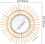 OYPEIP 22" Large Natural Rattan Sunburst Bohemian Hanging Glass Decor,Rustic Handwoven Innovative Art Decoration Round Makeup Mirror for Dressing Living Room Bedroom Bathroom Corridor,Entryway