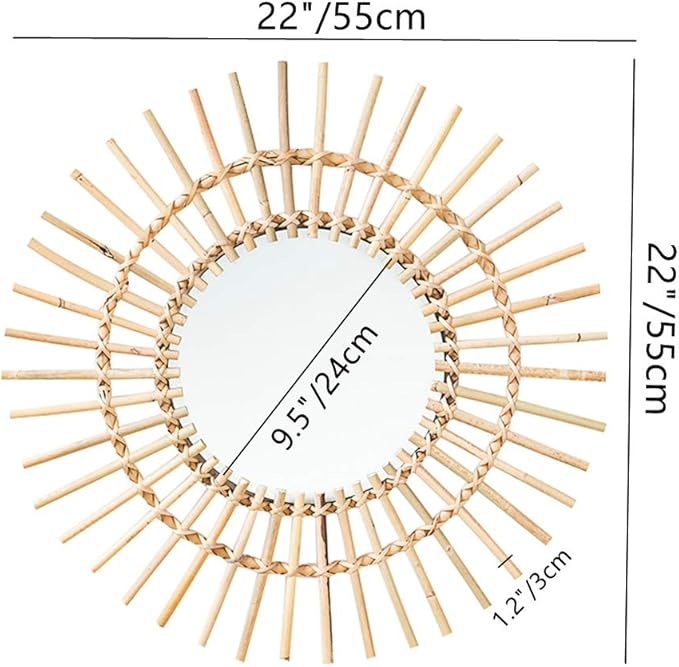 OYPEIP 22" Large Natural Rattan Sunburst Bohemian Hanging Glass Decor,Rustic Handwoven Innovative Art Decoration Round Makeup Mirror for Dressing Living Room Bedroom Bathroom Corridor,Entryway