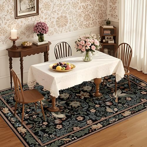 8'x10' Area Rugs Washable,Boho Rug for Living Room Bedroom Dining Room,Large Farmhouse Botanical Bohemian Distressed Oriental Carpet Non Slip,Black Floral Bird - color: Black Floral Bird, size: 8'x10'