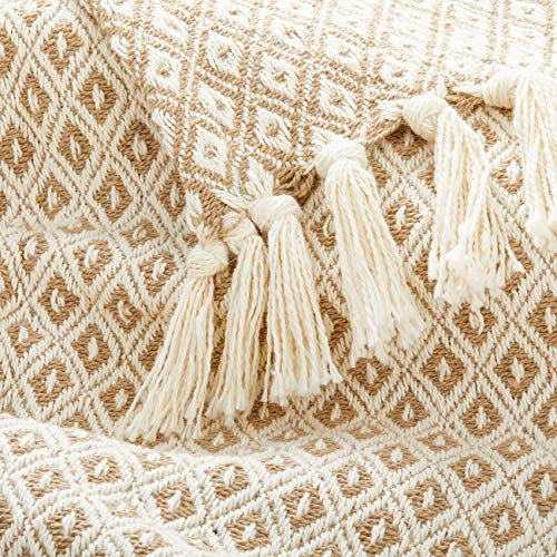 Americanflat 50x60 Throw Blanket - Soft and Breathable Cotton Throw Blanket for Couch, Bed, Chair - Decorative Blankets Perfect for Home, Office, or Outdoor Use - Khaki and White Mini Diamond Design - color: Omala Camel and White Mini Diamond