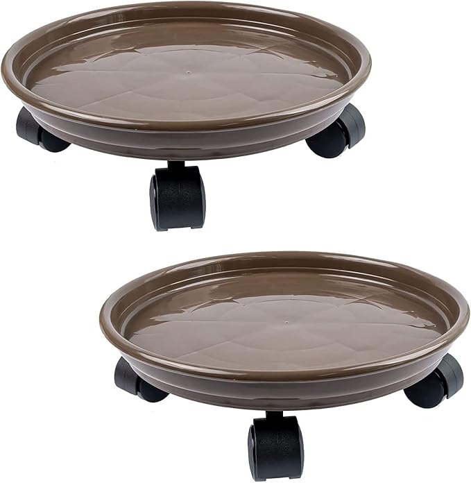 2Pcs Plant Caddy,Planter Pot Mover, Plant Pot Pallet Dolly Caster with Universal Wheels, Round Movable Planter Dolly Trolley Tray Pallet Outdoor Indoor Tree Flower Stand Planter (15.5 inch+2pcs+brown)
