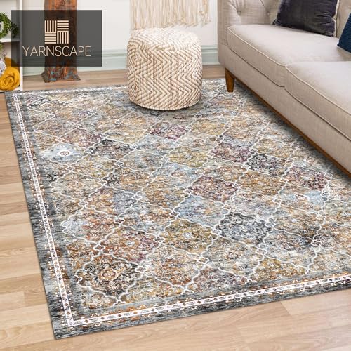 YARNSCAPE 3' x 5 ' Washable Area Rug - Low Pile Soft Vintage Indoor Rug for Living, Dining or Bedroom - Lightweight Carpet with Non-Slip Backing - Foldable for Easy Placement, Multi - color: Trellis-multi, size: 3' x 5' (Rectangular)