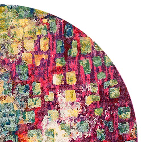 SAFAVIEH Madison Collection 6'7" Round Fuchsia / Gold MAD425D Boho Abstract Distressed Non-Shedding Dining Room Entryway Foyer Living Room Bedroom Area Rug - color: Fuchsia/Gold, size: 6'7" (Round)