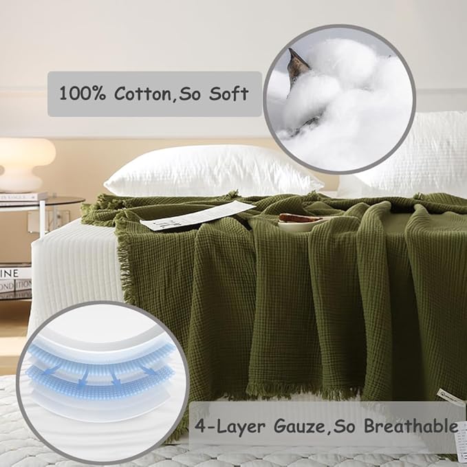 100% Cotton 4-Layer Muslin Blanket with Fringes, 50"x60", Avocado Green Throw Blanket, Ultra-Soft Gauze Blanket, Boho Bedding for All Seasons, Breathable for Couch, Bed(Avocado Green,Throw)