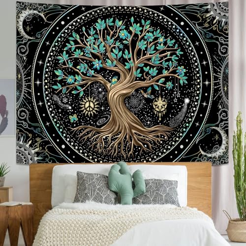 Lunerfex Tree of Life Tapastry Butterfly Moon Tapastry Flower Green Tree Tapestries Mandala Wall Hanging for Bedroom and Living Room Decor 44×60 Inches - color: Dark Green, size: 60"L x 44"W