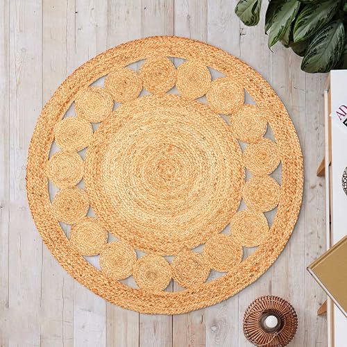 Hand Woven Braided Jute Rug - 5' Round - Reversible Farmhouse Dining Room Rug, Living Room, Bedroom, Kitchen - Natural Decorative Floor Boho Entry Area Rugs - Round Area Rugs 5ft - color: Natural Jute 6, size: 5' (Round)