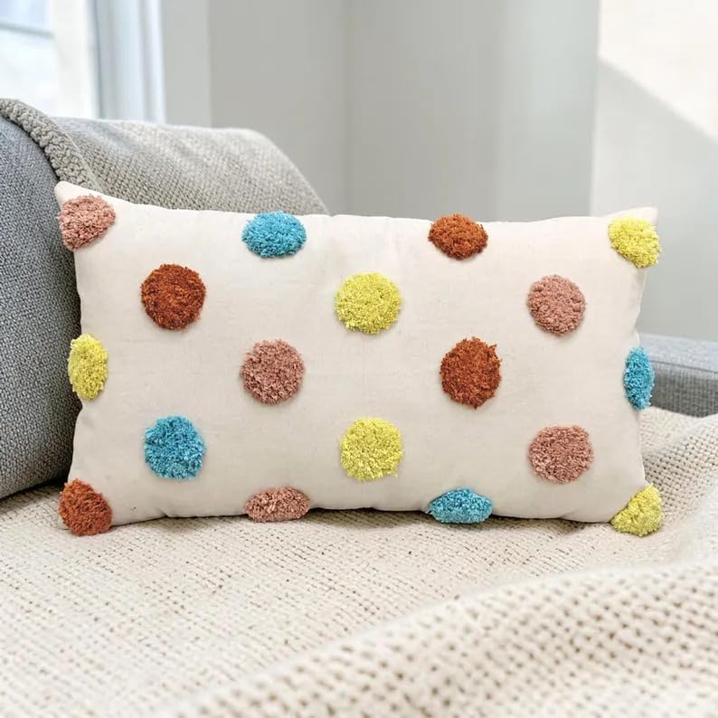 14x20 Multicolor Tufted Polka Dot Pillow Cover, Cream Cotton Boho Cushion Case