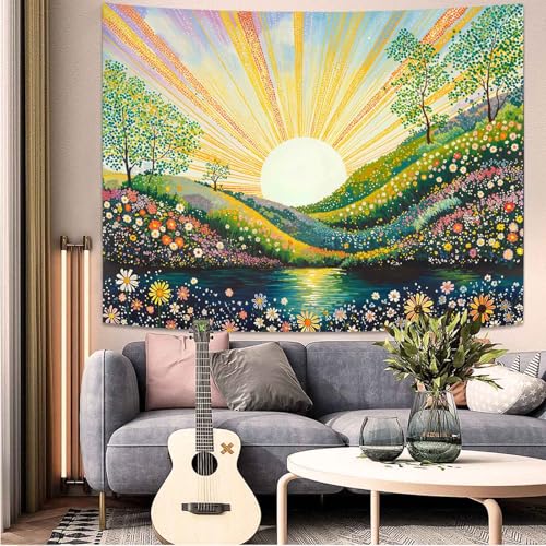 Lunerfex Soothing Spring Meadow Tapestry - Sunburst Landscape Wall Hanging with Colorful Flowers and Lake - Cheerful Nature Decor 80"x60" - color: Bright Green, size: 80"L x 60"W