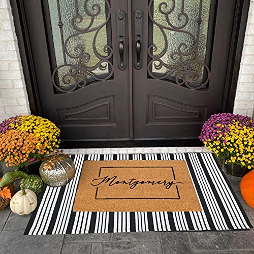 CAINANEL Black and White Striped Outdoor Rug 27.5'' x 43'' Front Door Mat Handwoven Cotton Indoor/Outdoor for Layered Door Mats,Welcome Door Mat, Front Porch,Farmhouse,Entry Way - color: Black&white Stripe, size: 2'4" x 3'7" (Rectangular)