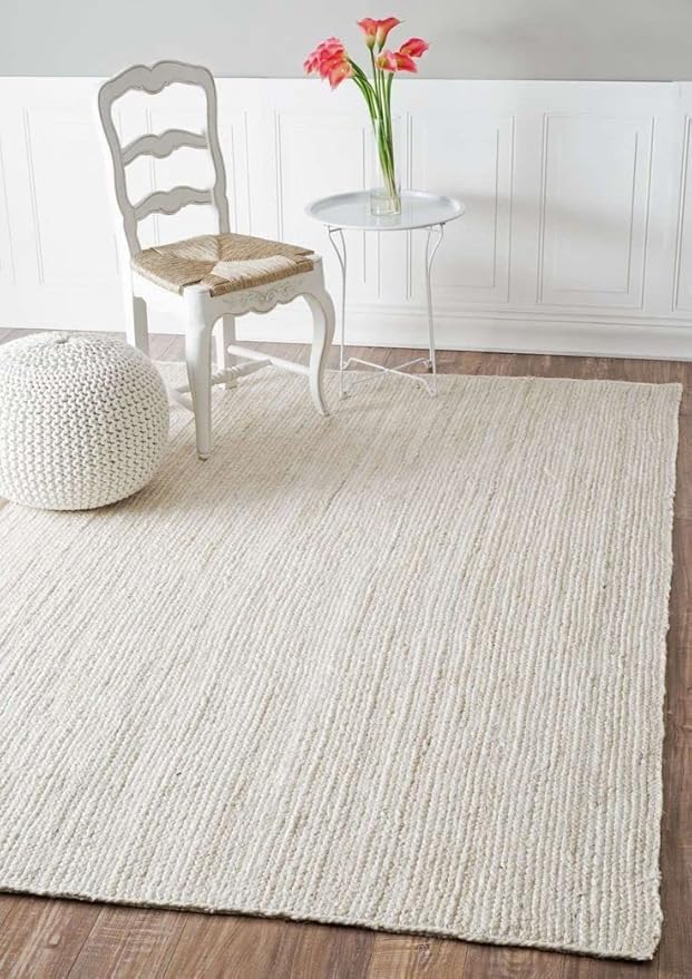 100% Jute Area Rug 5x8 Feet- Braided Design Hand Woven Off-White Natural Fibers Carpet - Home Decor for Living Room Hallways (5' x 8', Off-White)