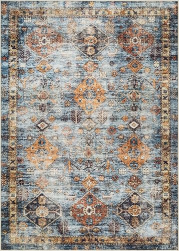 Bloom Rugs Washable Non-Slip 2' x 3' Rug - Blue/Orange Traditional Bordered Area Rug for Living Room, Bedroom, Dining Room, and Kitchen - Exact Size: 2' x 3' - color: Blue / Orange, size: 2' x 3' (Rectangular)