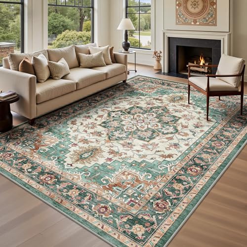 6x9 Area Rugs - Washable Rug Vintage Distress Boho Medallion Rugs for Living Room, Soft Non-Slip Backing Low Pile Carpet for Bedroom Dining Room Office Nursery Dorm Home, Green Brown - color: B-green Brown, size: 6' x 9' (Rectangular)