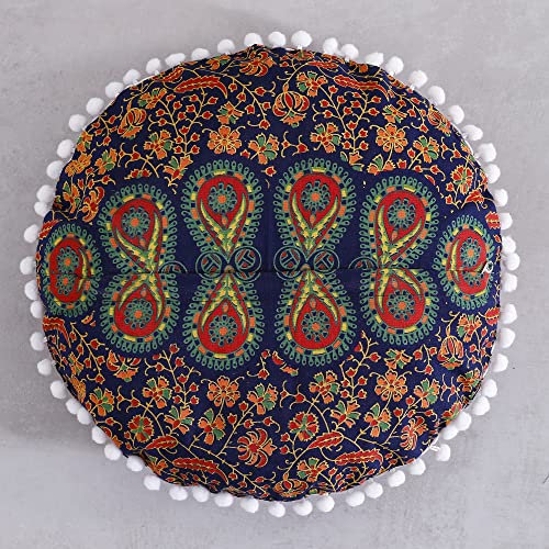 Popular Handicrafts Large Cotton Hippie Floor Pillow Cover - Peacock Decorative Cushion Cover with Pom Poms Soft Particles - Pouf Cover Round Bohemian Yoga Decor Floor Cushion Case- 18" Blue Yellow - color: Blue Yellow, size: 18" x 18" (Pack of 1)