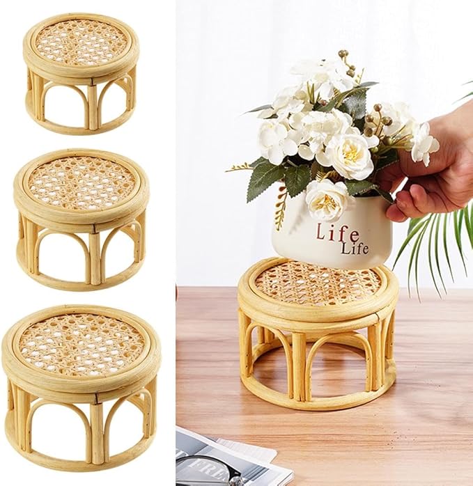 Rattan Plant Stands,Small Boho Rattan Wicker Round Riser Plant Stand,Indoor Flower Pot Stand,Decorative Flower Shelf Bonsai Rack Garden Plant Pot Riser Holder