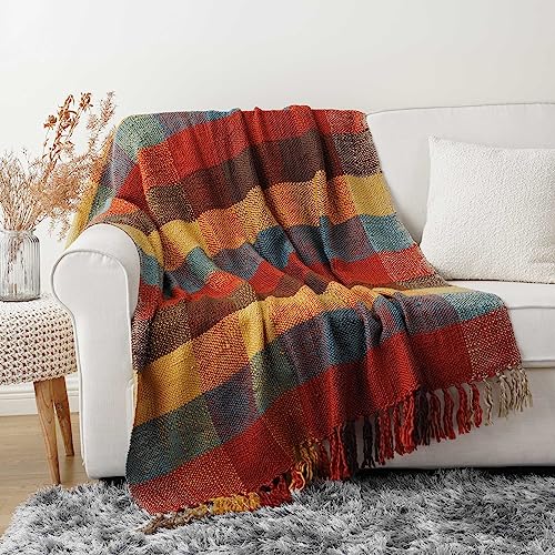 BATTILO HOME Fall Plaid Throw Blanket for Couch, Colorful Throw Blankets, Orange Checkered Throw Blanket for Chair Bed Sofa Rustic Home Decor Fall Decor, 50"x60" - color: Yellow&red