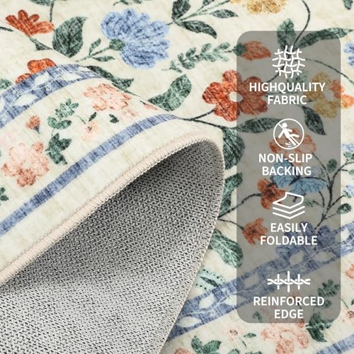 GarveeHome Washable Rug 6 x 9, Low Pile Farmhouse Floral Rug, Non-Shedding Indoor Foldable Printed Carpet Non-Slip Soft Vintage Throw for Bedroom Dining Room Kitchen, Green - color: Green, size: 6' x 9' (Rectangular)