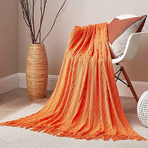 DREAMSUNSET Knit Throw Blanket 50 x 60 Inch, for Couch, Sofa, Bed and Decoration. Super Soft, Comfy and Lightweight. Original Pattern with Tassel Fringes. Sunrise Orange