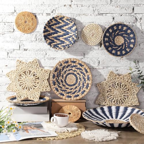 15 Pcs Boho Wall Basket Decor Woven Rattan Seagrass Wall Decor Hanging Rustic Farmhouse Western Art Decoration for Nursery Living Room Bedroom Home Kitchen(Blue Style) - style: Blue Style